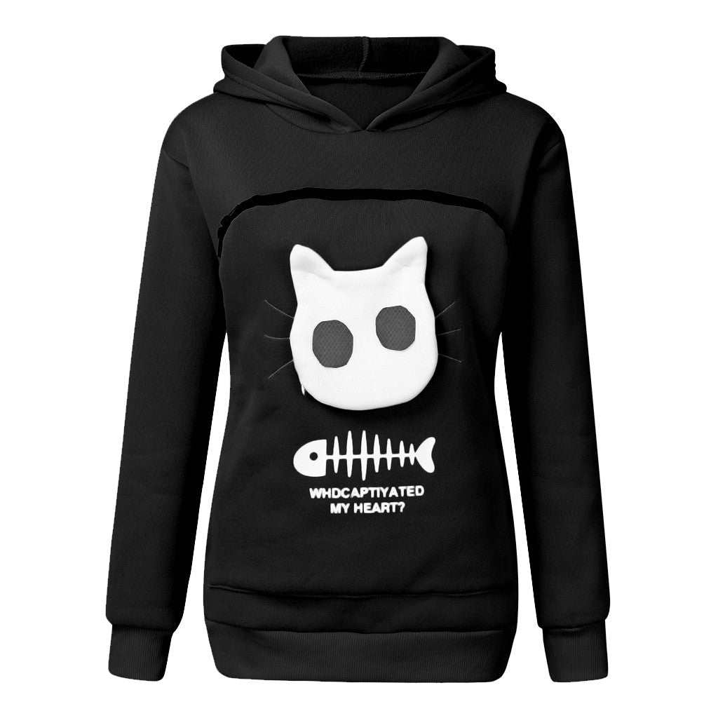Women Hoodie Sweatshirt With Cat Pet Pocket Design Long Sleeve Sweater Cat Outfit - One Red Hill